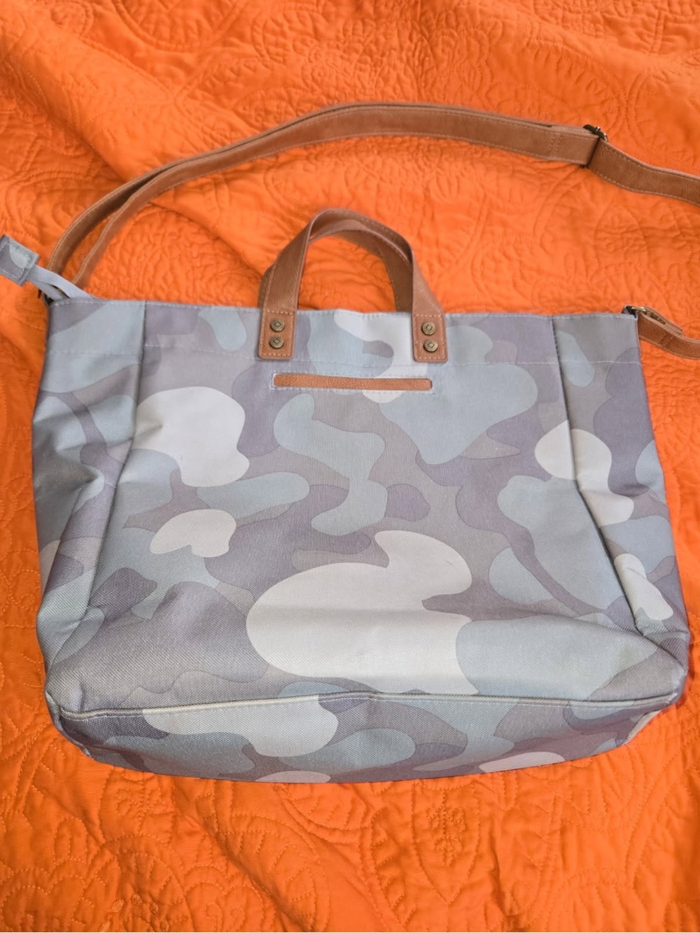 kate spade Gray and Cream Camo Tote with Tan Leather Trim